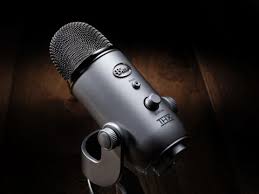 A Yeti microphone setup to record audio in the form of a podcast for an interview.